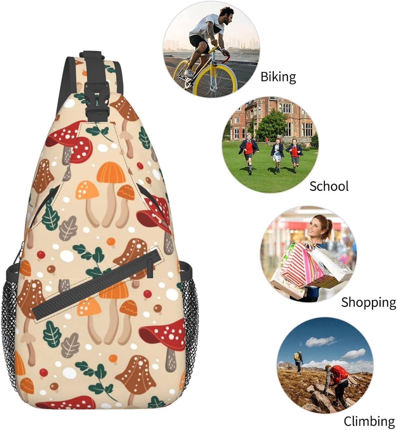 Cute Mushroom Sling Bag Crossbody Hiking Travel Chest Bags Backpack Shoulder Daypack for Women Men