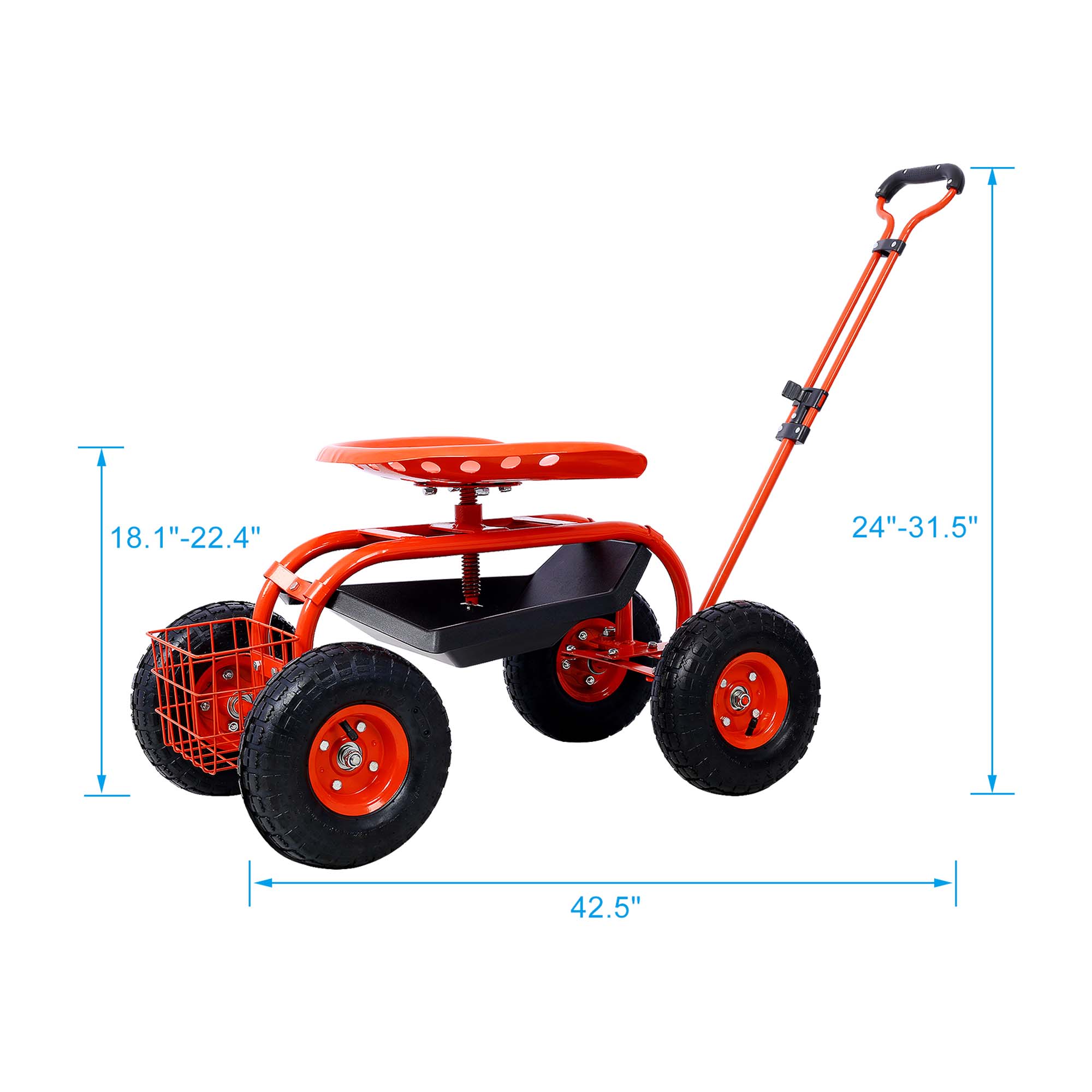 Aukfa Rolling Garden Cart Scooter with Swivel Seat, Wheels, and Tool Tray - Red