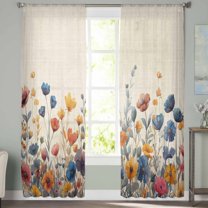 Sheer Curtains 96 inches Long, Blue and Yellow Poppy Watercolor Floral Plants Retro Linen Light Filtering Sheer Window Curtains Rod Pocket Voile Drapes for Bedroom Living Room, 52"W x 96"L 2 Panels