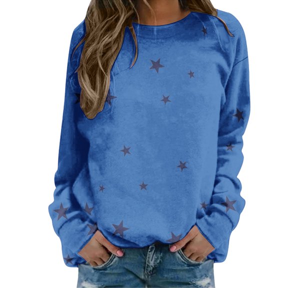 MVRLSH Essentials Hoodies for Women Soft Printed O Neck Long Sleeve Warm Winter Casual Tops Spring Fall Layering Daily Outfit Match Sweatshirt Blue - L
