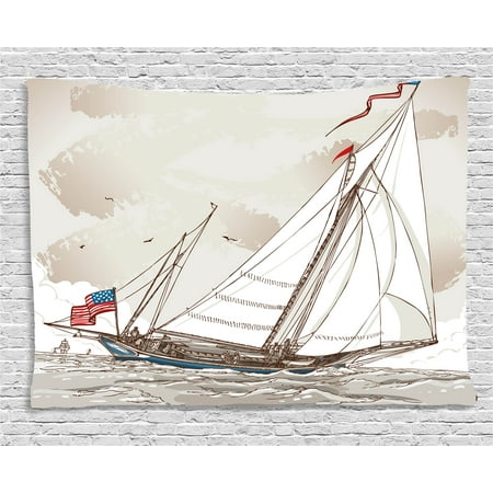 Antique Yacht Vintage Tapestry, Illustration of a Retro View of Antique American Yacht with Flags Ocean, Wall Hanging for Bedroom Living Room Dorm Decor, 60W X 40L Inches, Light Grey Tan White, by Ambesonne ()