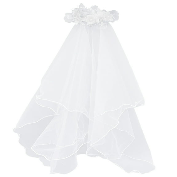 First Holy Communion Veil, White Two-Layer Veil with Floral Decoration, Silver Sequins, 23.6" Length, Ideal for Communion Ceremonies, Elegant Headpiece for Ages 7-16