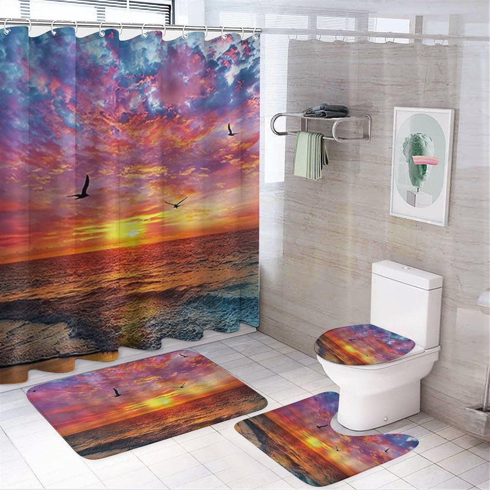 4 Pcs Beach Shower Curtain Sets with Rugs, Toilet Lid Cover and Bath