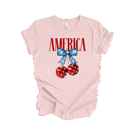Trenz Shirt Company Women's American Cherries With Bow Short Sleeve T-Shirt - 4th of July Shirts for American Women-Soft Pink-X-Large