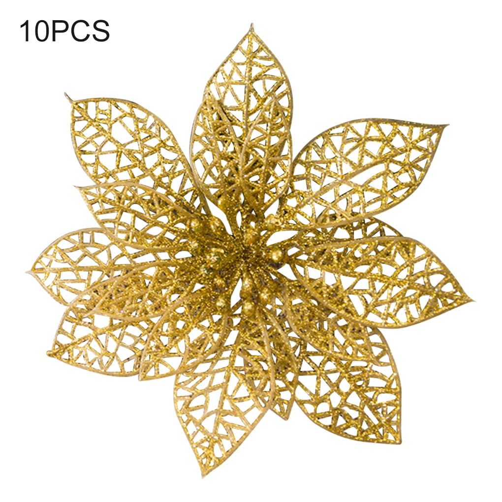 10pcs Christmas Tree Hanging Flower Christmas Decoration Hollow Artificial Flower Holiday Ornament, Gold