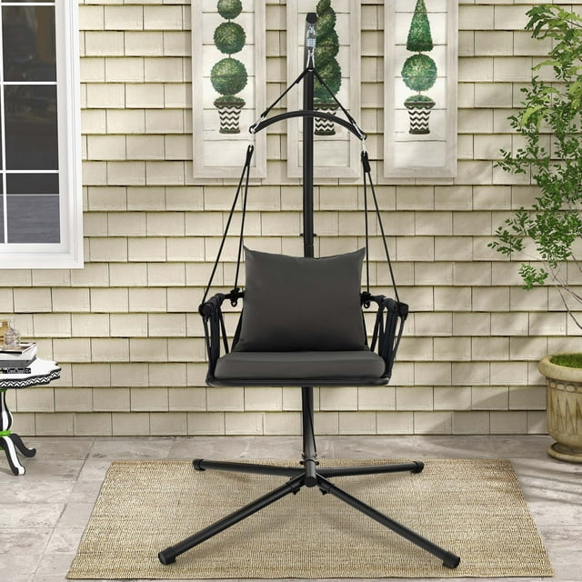 Costway Silla Colgante Plegable Con Soporte, Columpio Con Cojín, Almohada, Respaldo Tejido De Cuerda, Silla Hamaca Para Dormitorio, Patio, Jardín, Porche, Balcón, Capacidad De Peso De 150 Kgk