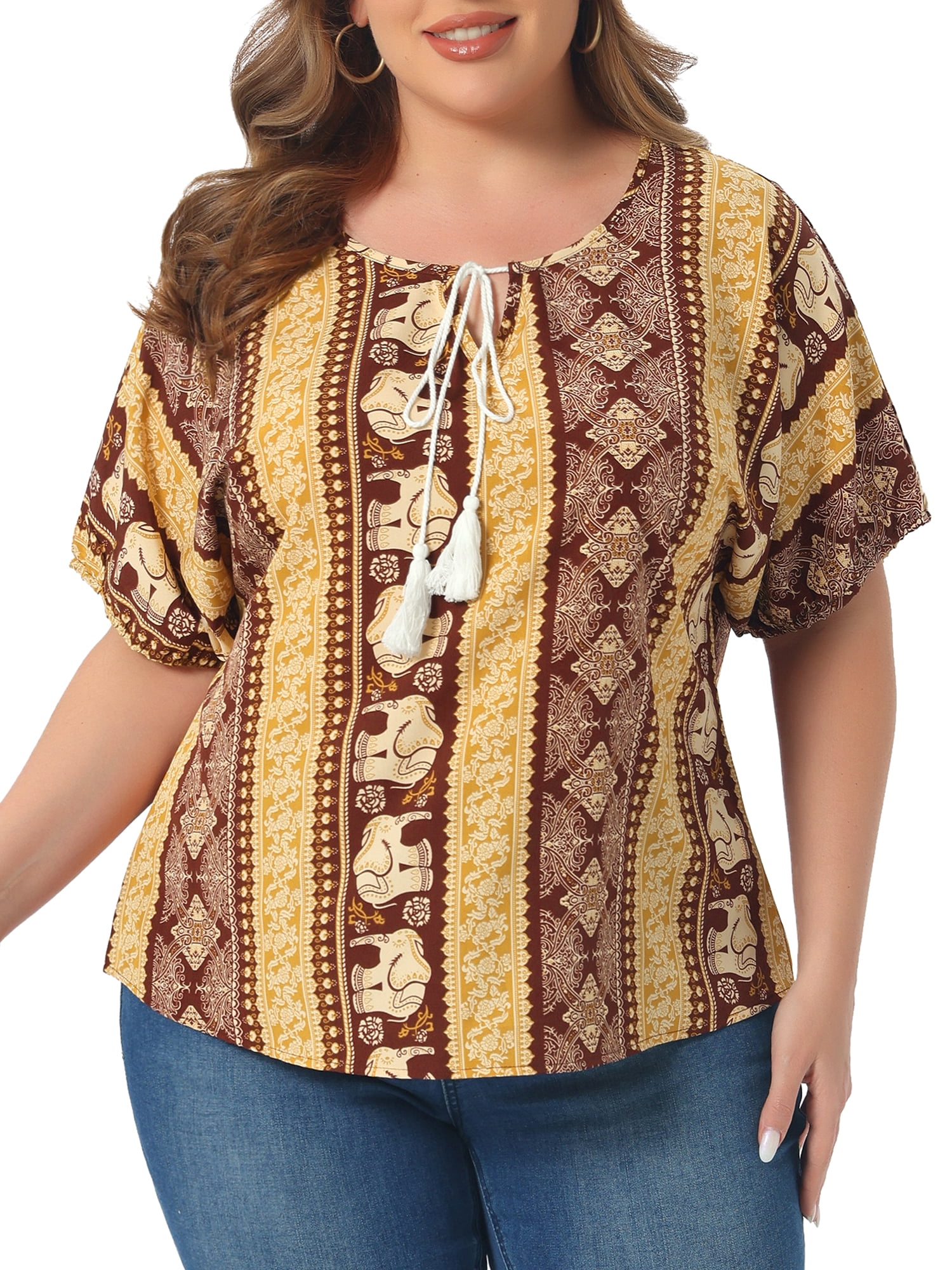 DARING DIVA Women's Plus Boho Tops Floral Tied V Neck Blouse Shirts 2X Brown