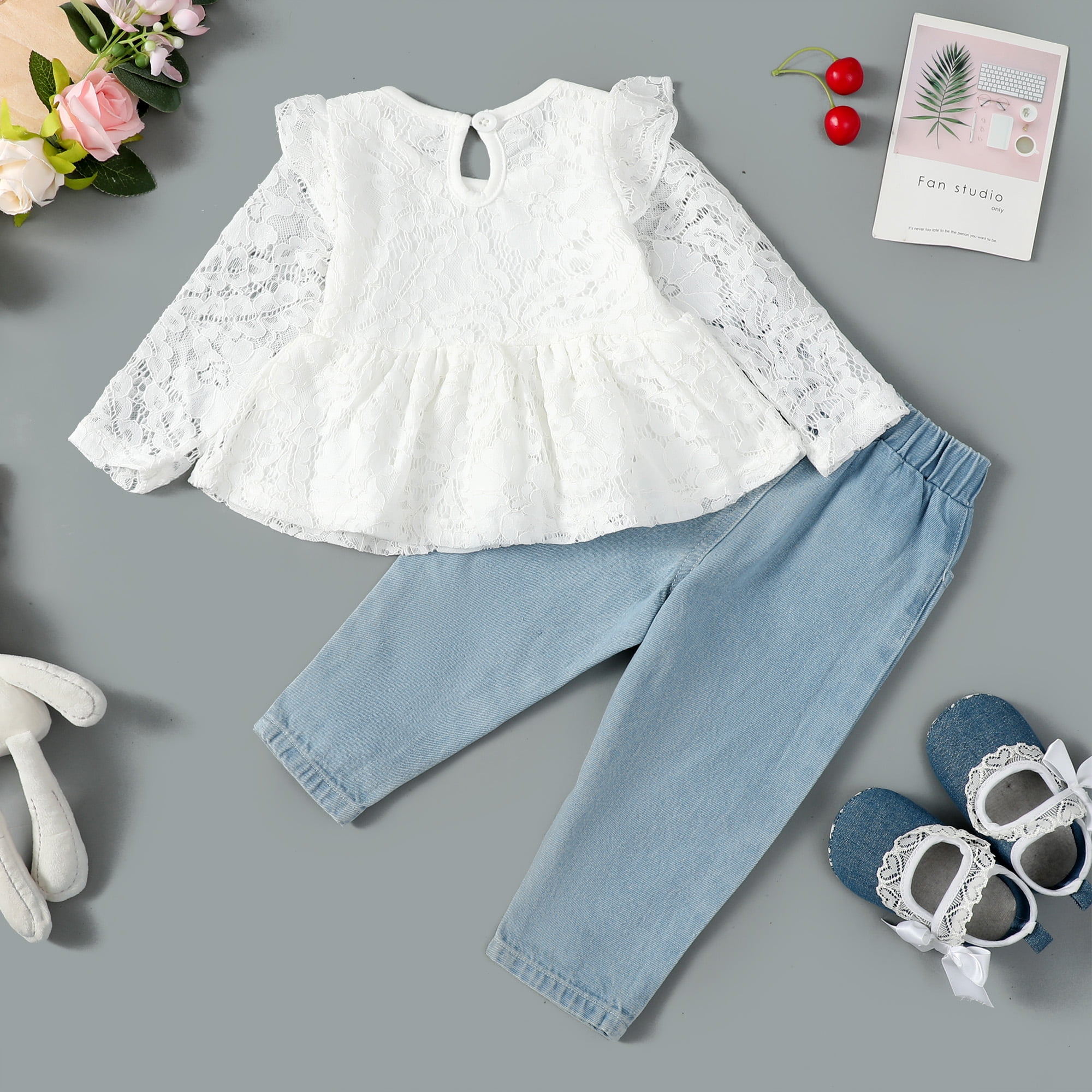 6 Months Infant Baby Girls Clothes Baby Girls Outfits 6-12 Months Girls Long Sleeve Solid Color Top Jeans Pants 2PCS Set White