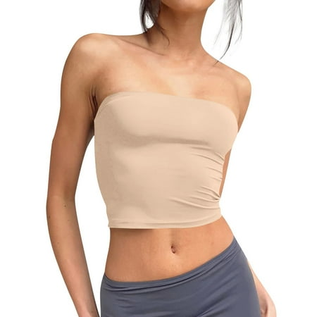 Kopltyrfg Women s Double Layered Basic Casual Strapless Backless Bandeau Bra Tube Top Complexion L