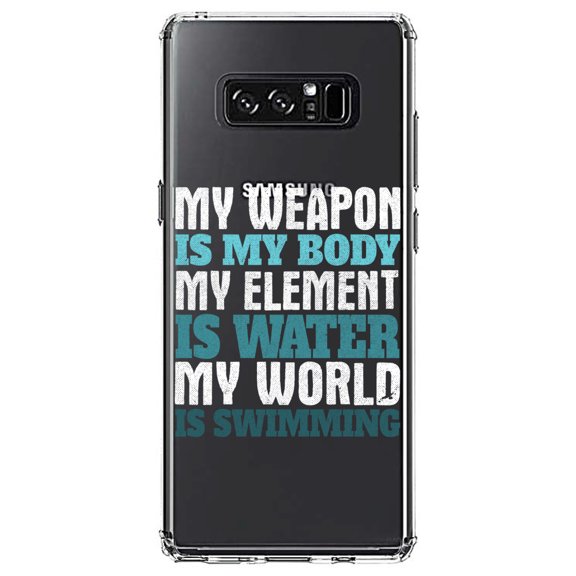 DistinctInk Clear Shockproof Hybrid Case for Samsung Galaxy Note 8 - TPU Bumper Acrylic Back Tempered Glass Screen Protector - Swimming My Weapon is My Body Water