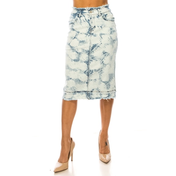 Be-Girl Women's Acid Wash Denim Skirt, Light Blue, Midi Length, Frayed Hem, Pencil Style - SG-79402