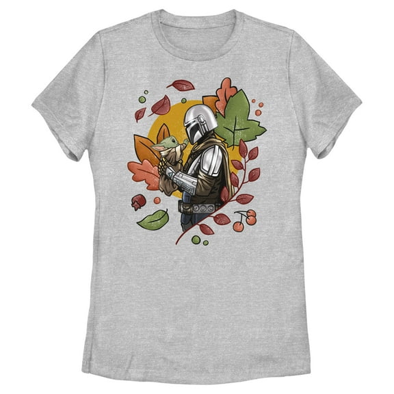 Women's Star Wars: The Mandalorian Grogu and Din Djarin Fall Leaves Love Graphic Tee Athletic Heather Small