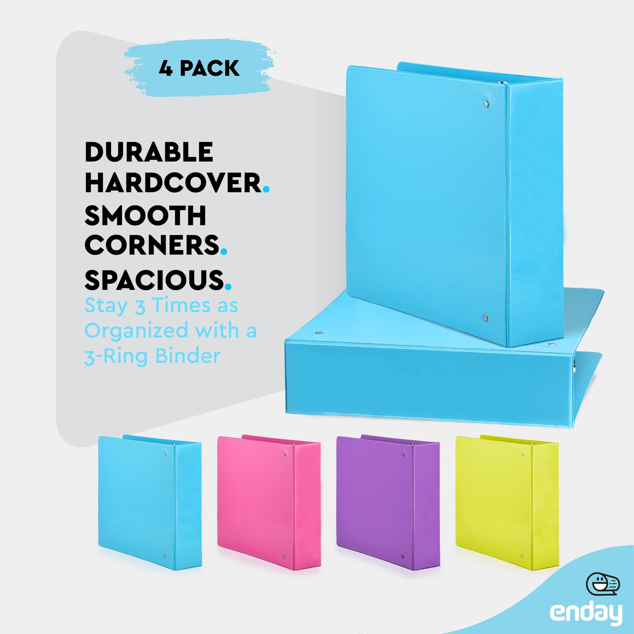 enday 3-Ring View Binder, Slant D-Ring, Assorted Colors, 2 Inch, Pack of 4