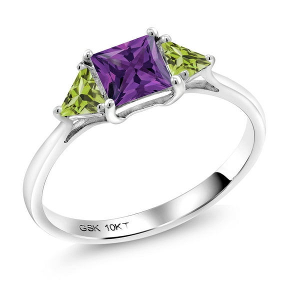 Gem Stone King 10K White Gold Purple Amethyst and Green Peridot 3 Stone Engagement Ring for Women (1.01 Cttw, Gemstone February Birthstone, Princess Center 5MM, Trillion 3.5MM, Size 6)