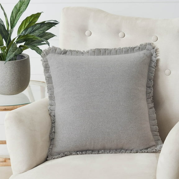 VHC Brands Burlap Dove Grey Pillow w/Fringed Ruffle 18x18