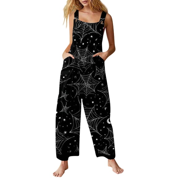 IYYVV Halloween Overalls for Women 2026 Loose Wide Leg Jumpsuits Cute Pumpkin Ghost Graphic Baggy Jumpers with Pocket Comfy Summer Black XL