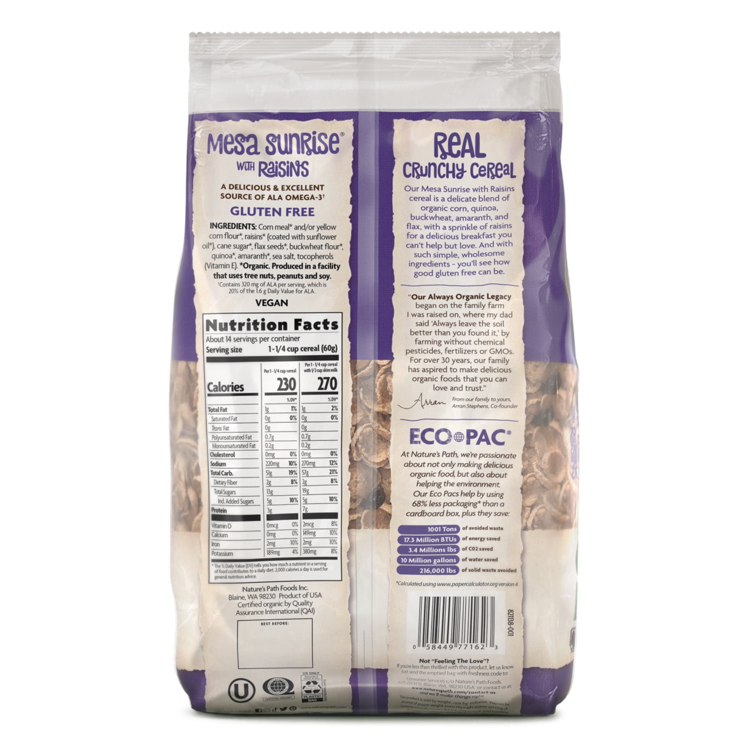 Nature's Path Organic Mesa Sunrise with Raisins Breakfast Cereal, 29.1oz Bag (pack of 6)