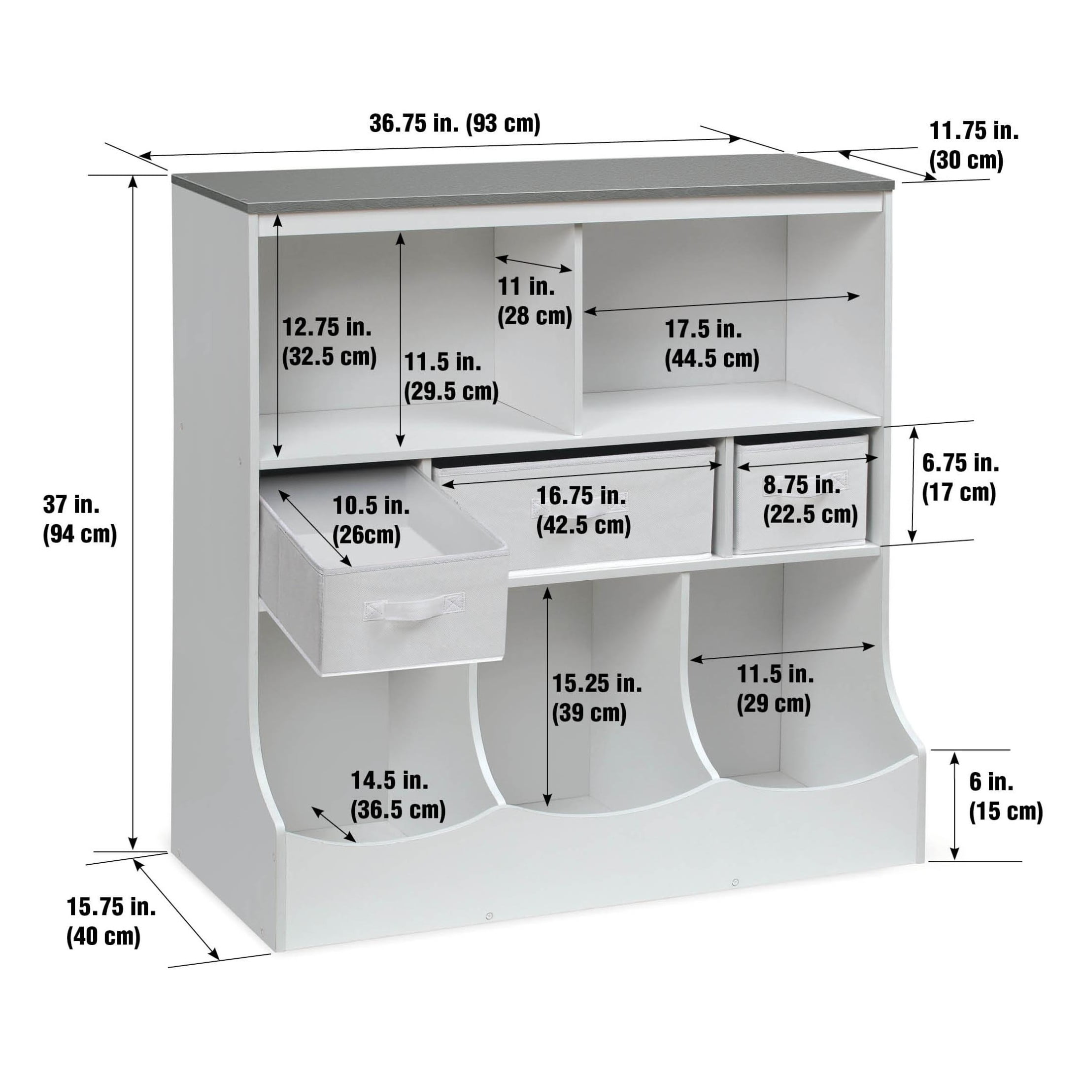 Badger Basket Combo Bin Wood Toy Storage Organizer with Three Baskets 8.6 Cu ft.- White/Gray