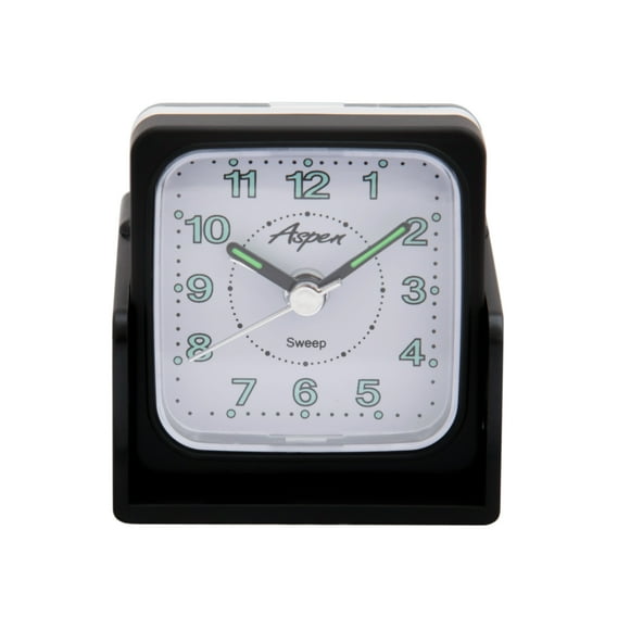 Aspen Mini Travel Analog Alarm Clock - 2" Foldable Alarm Clock with Corner Light & Glow-in-the-Dark Hands - Silent with No Ticking Sound, Battery Operated Desk & Travel Alarm Clock - Black