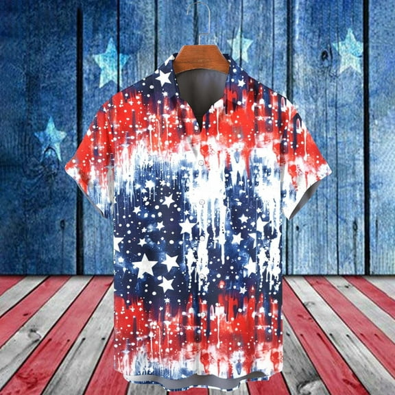 Men's Independence Day Shirts 4Th Of July Flag Printed Lapel Collar Tees Loose Casual Short Sleeved Tops Red XXL