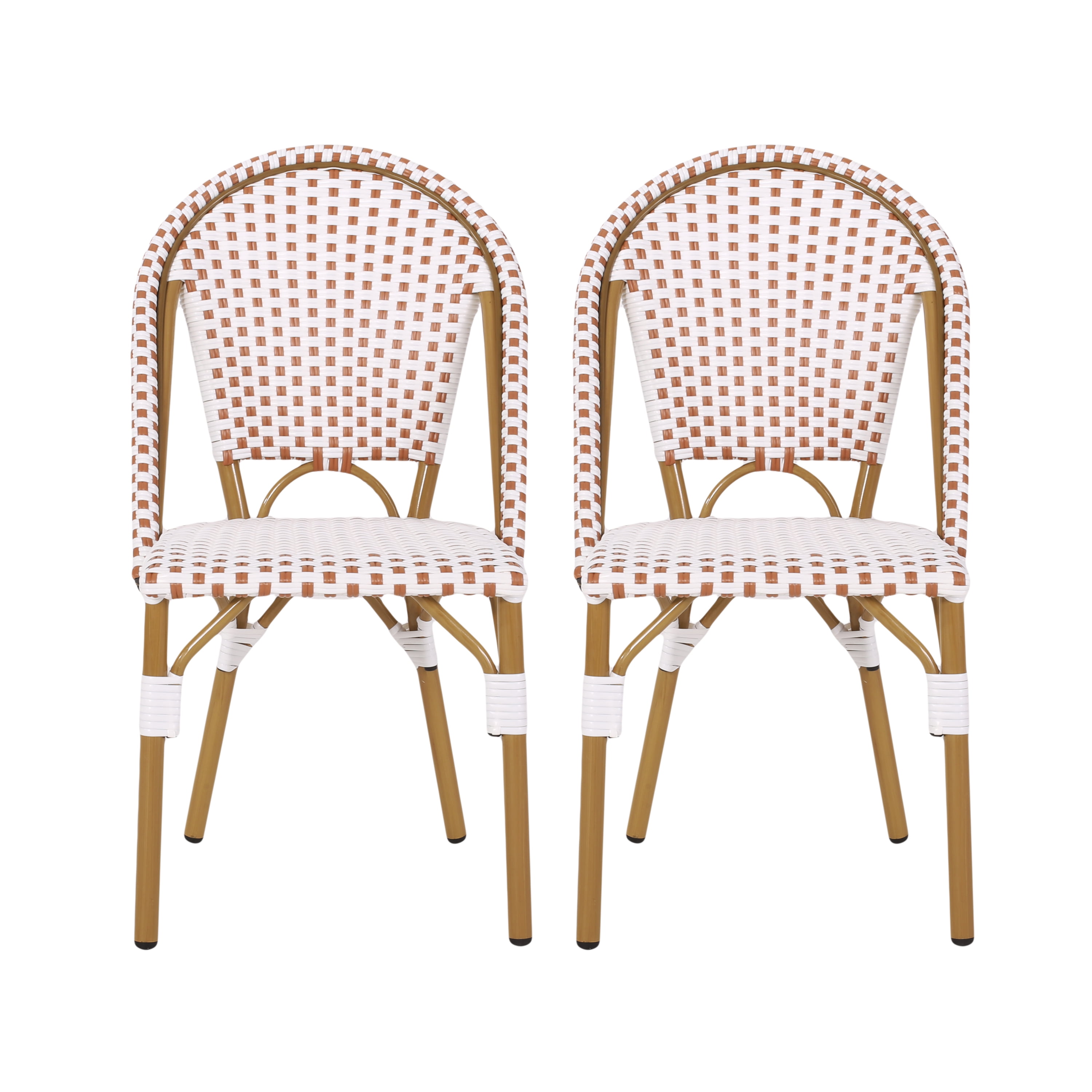 Outdoor French Style Leisure Chair Set of 2, PE Rattan and Aluminum Frame Seats for Patio Garden, Rusted Red and White