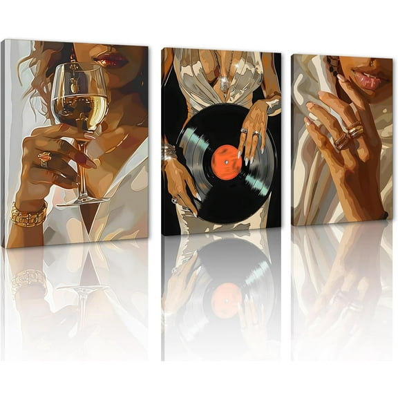 Hieng 3 Panels Abstract Black Woman Wall Art Modern American African Canvas Prints Painting for Living Room Bedroom Office - 12"x16"x3pcs