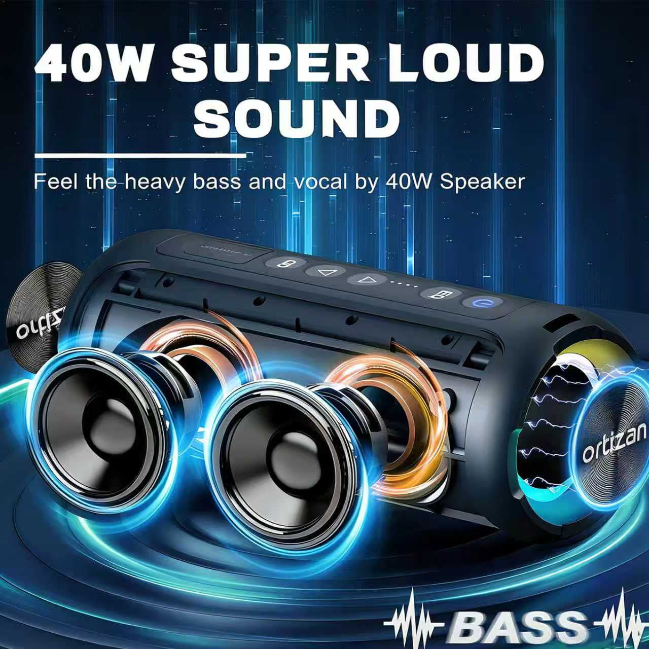 Ortizan Portable Bluetooth Speaker, 40W powerful sound and deep bass, IPX7 waterproof, 30 hours of playtime, TWS for 2 speakers pairing for home, outdoor and travel