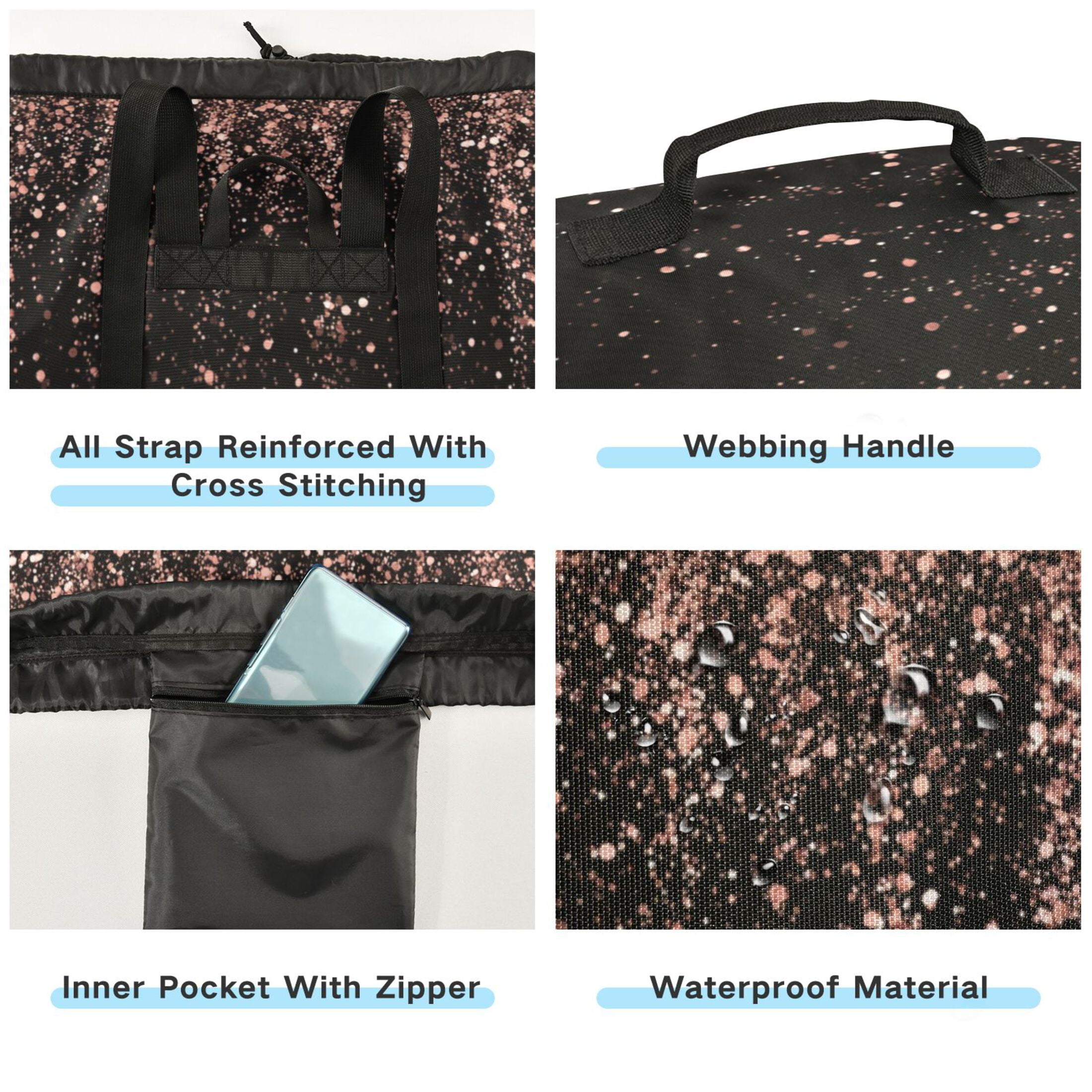 14.5x29.3in Laundry Backpack Bag with Drawstring & Adjustable Straps Heavy-Duty Wash Bag for Travel Storage Camping Rose Gold Glitter