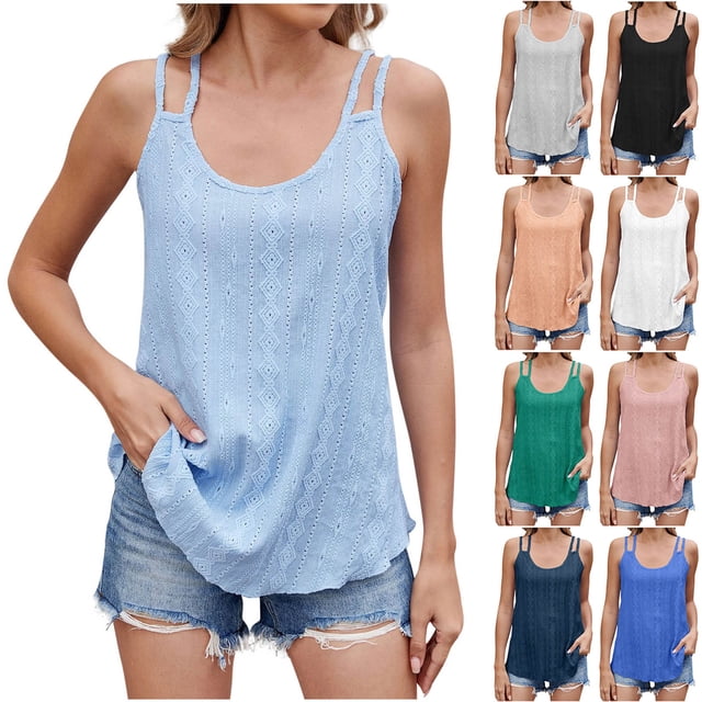 Ashirexll Camisoles pour Femmes Mode Décontractée Été Col en U T-Shirt Ajouré Blouses Confortables