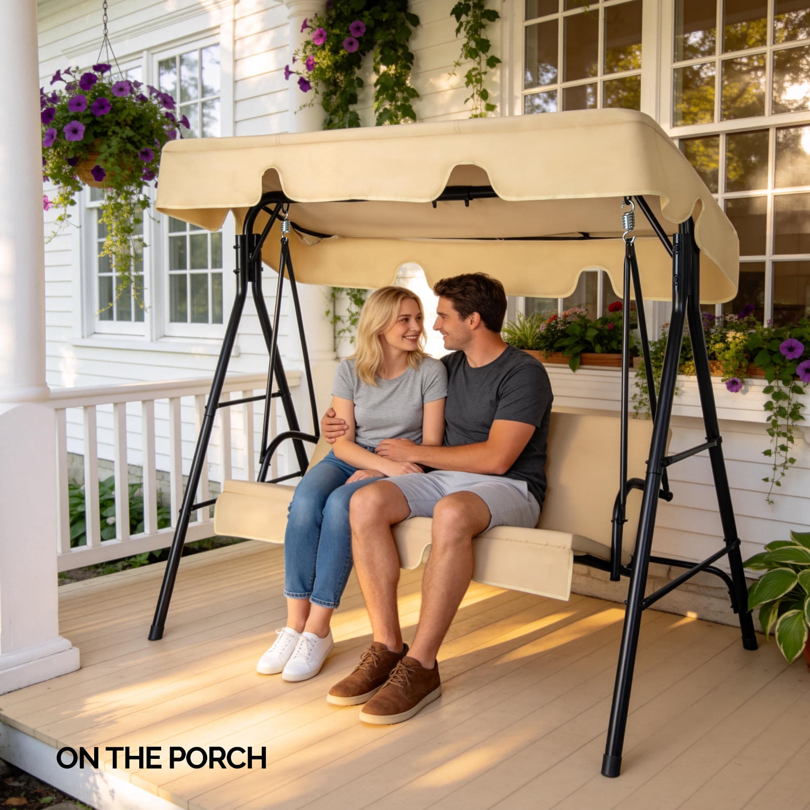 Outdoor Swing Set with Cushion & Sunshade Canopy 250KG Weight Capacity Iron Frame Oxford Cloth Patio Swing for Garden Backyard Balcony