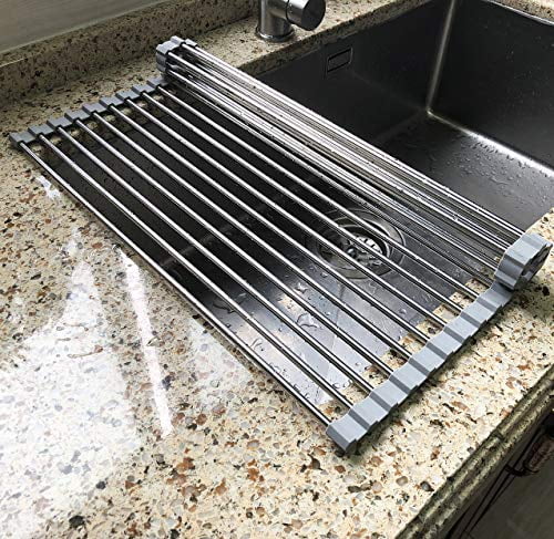 Roll Up Dish Racks Multipurpose Foldable Stainless Steel Over Sink Kitchen Drainer Rack for Cups Fruits Vegetables Attom Tech Home 17.7 x 11.5 Long Dish Drying Rack 