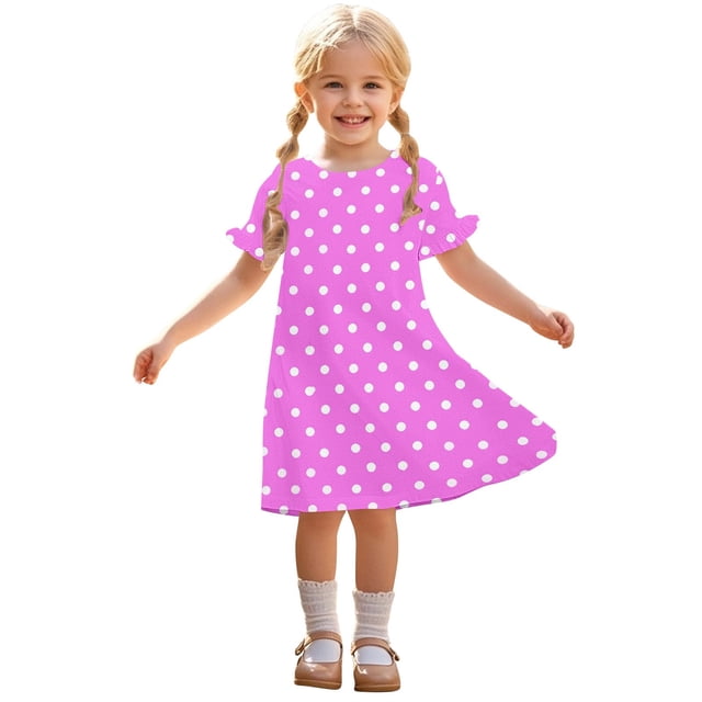 Zpanxa Robes d'Été pour Filles Décontractées à Manches Courtes Col Rond Imprimé Robe en Polyester Spandex Rose Vif 9 Ans