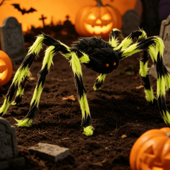 Halloween Fuzzy Large Spider Decor, Plush Spider Prop, Scary Creepy Spider Decoration for Halloween Party Home Garden Decor 24 Inch Green