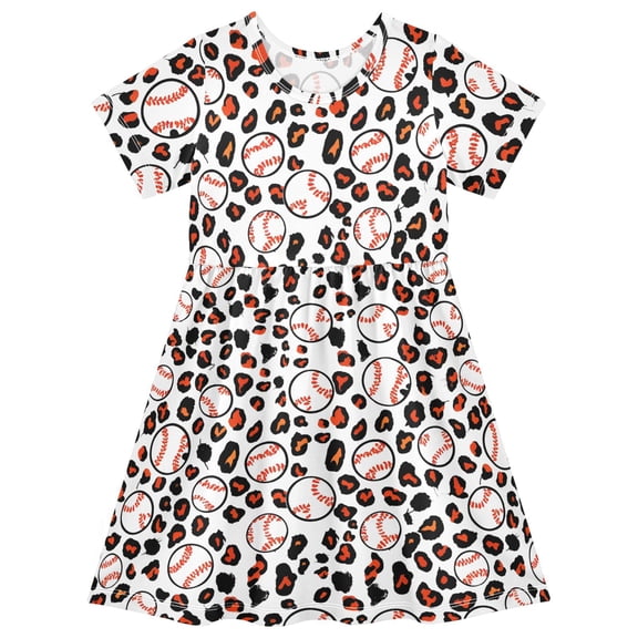 joogoo Baseball Leopards Girls' Short Sleeve Dress Kids Dresses 5-6T