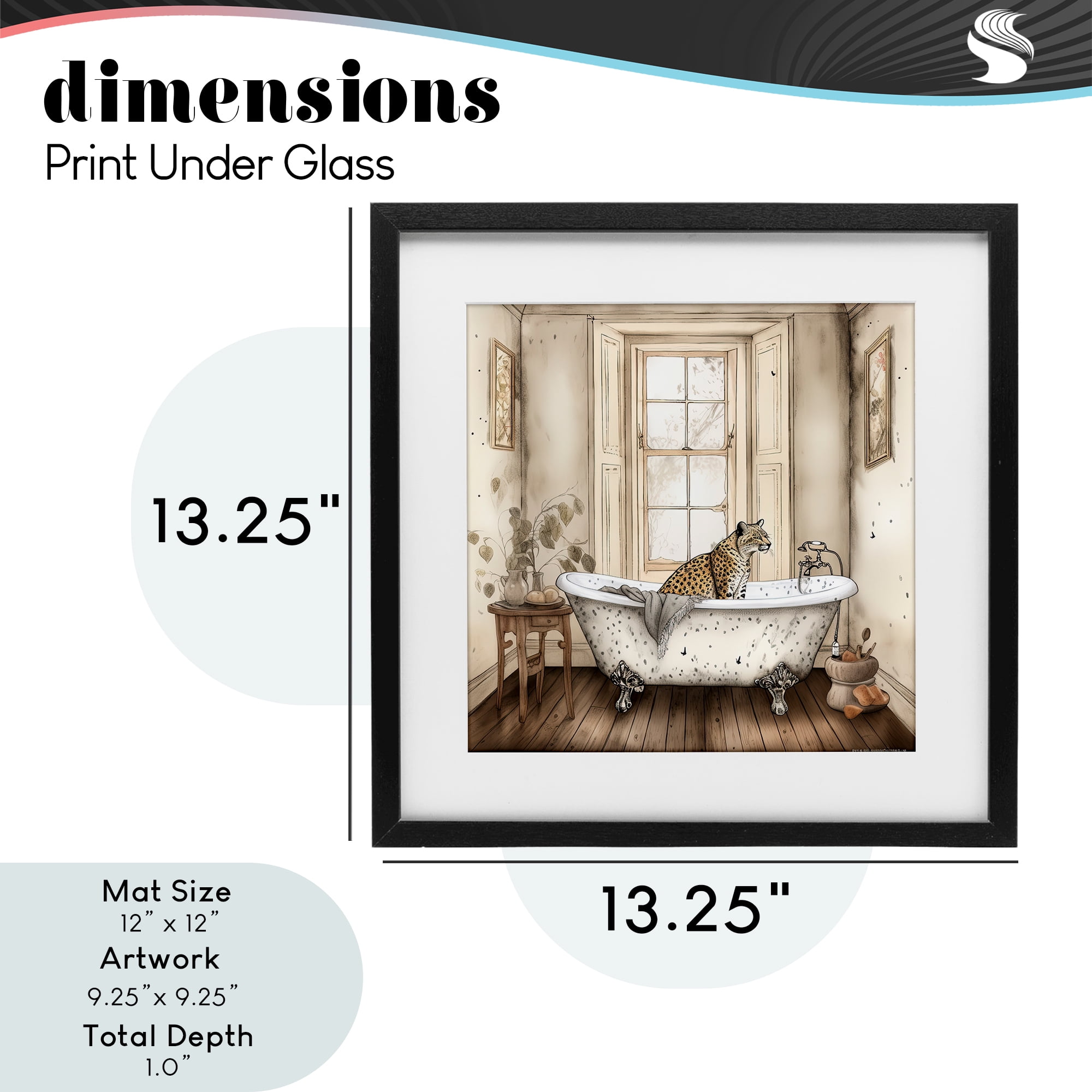 Neutral Leopard Bathtime Black Framed Print Under Glass, design by Sasha