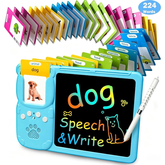Babyltrl 224 Words Talking Flash Card with LCD Writing Tablet,2 in 1 Preschool Reading & Writing Educational Learning Toy,Drawing Board Toys for 2-6 Year Olds Kids Girls Boys,Blue