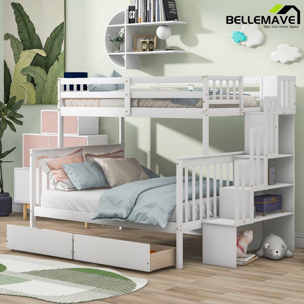 Bellemave Twin over Full White Wood Bunk Bed with 2 Drawers and