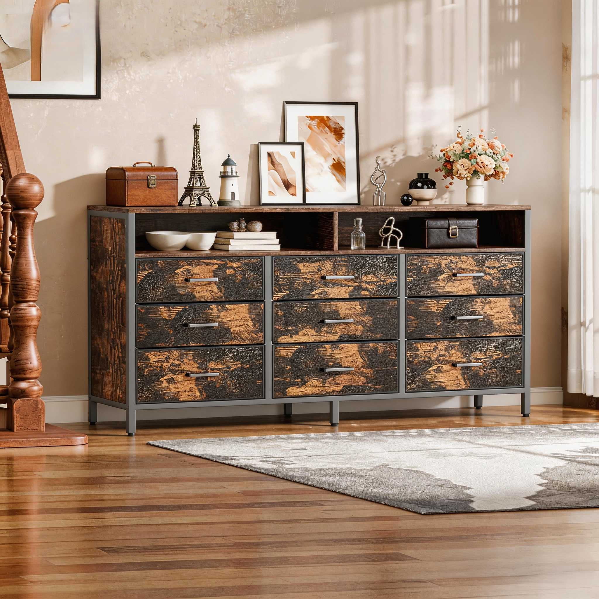 UBesGoo 9 Drawer Wood Dresser for Bedroom, Modern Dressers Storage Organizer Cabinet for Living Room, Entryway, Hallway Brown