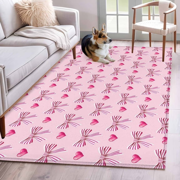 Romantic Pink Bow Area Rug 3x5 Washable Rug Non Slip Love Vintage Preppy Art Large Area Rug Indoor Floor Carpet for Entryway Bedroom Kitchen Living Room Home Office Dining Room Nursery