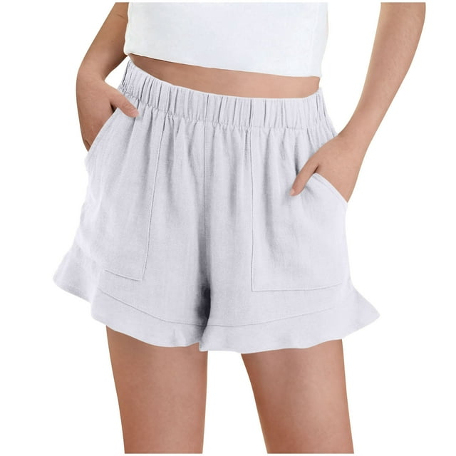 Short Pants for Boys and Girls, Linen-Blend Cotton Polyester, Side-Split Design with Button Closure, Five-Quarter Length, Solid Color, Casual Summer Wear