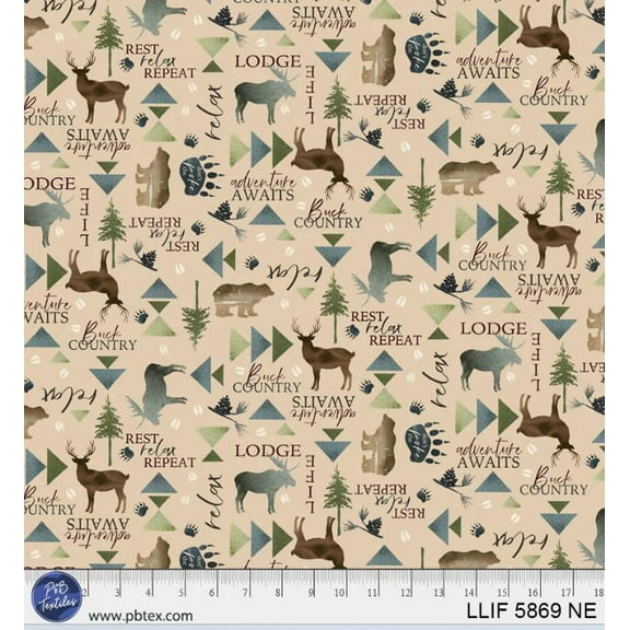 Cotton Lodge Life Adventure Deer Moose Bears Pine Trees Outdoor P&B Textiles Cotton Fabric Print by the Yard (05869-NEXXXXXX)