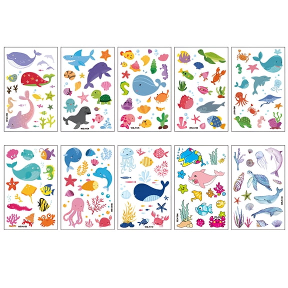 CCOCC Children's Cartoon Temporary Tattoo Sticker,10Pcs Kids Cartoon Dolphin Party One Time Temporary Stickers Ocean Stickers