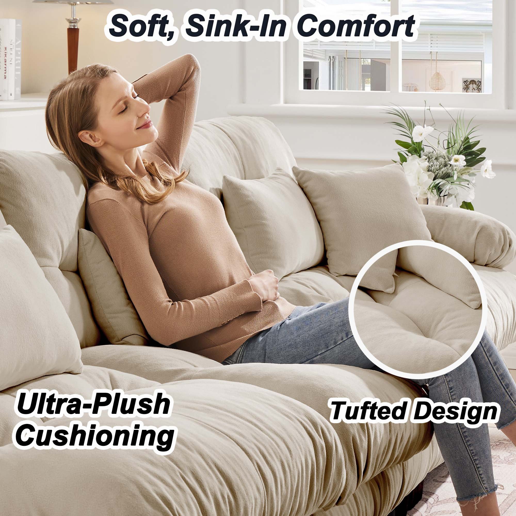 94.4" Cloud Chenille Loveseat Sofa with 2 Moveable Ottomans, Oversized Deep Seat Couch Set for Living Room,Light Green