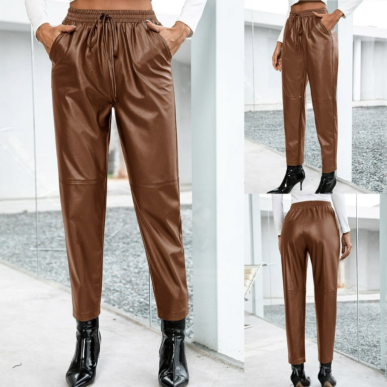 ZHIZAIHU Women's Casual PU Leather High Waisted Pants Straight
