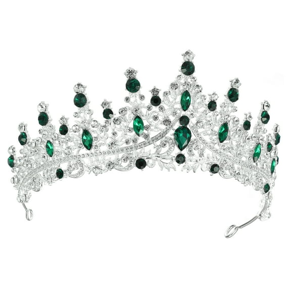 Women Faux Crystal Queen Crowns Tiara Princess Rhinestone Tiaras Party Cosplay Silver Tone Green
