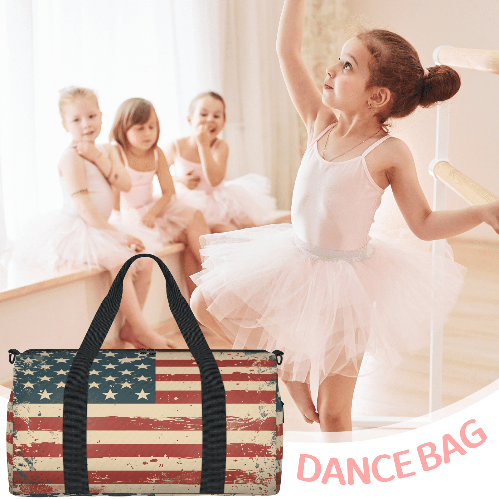 Herdesigns Vintage American Flag Travel Duffle Bag Sports Yoga Weekender Overnight Carry on Workout Bags Lightweight Waterproof Gym Tote Bag for Women 4th of July