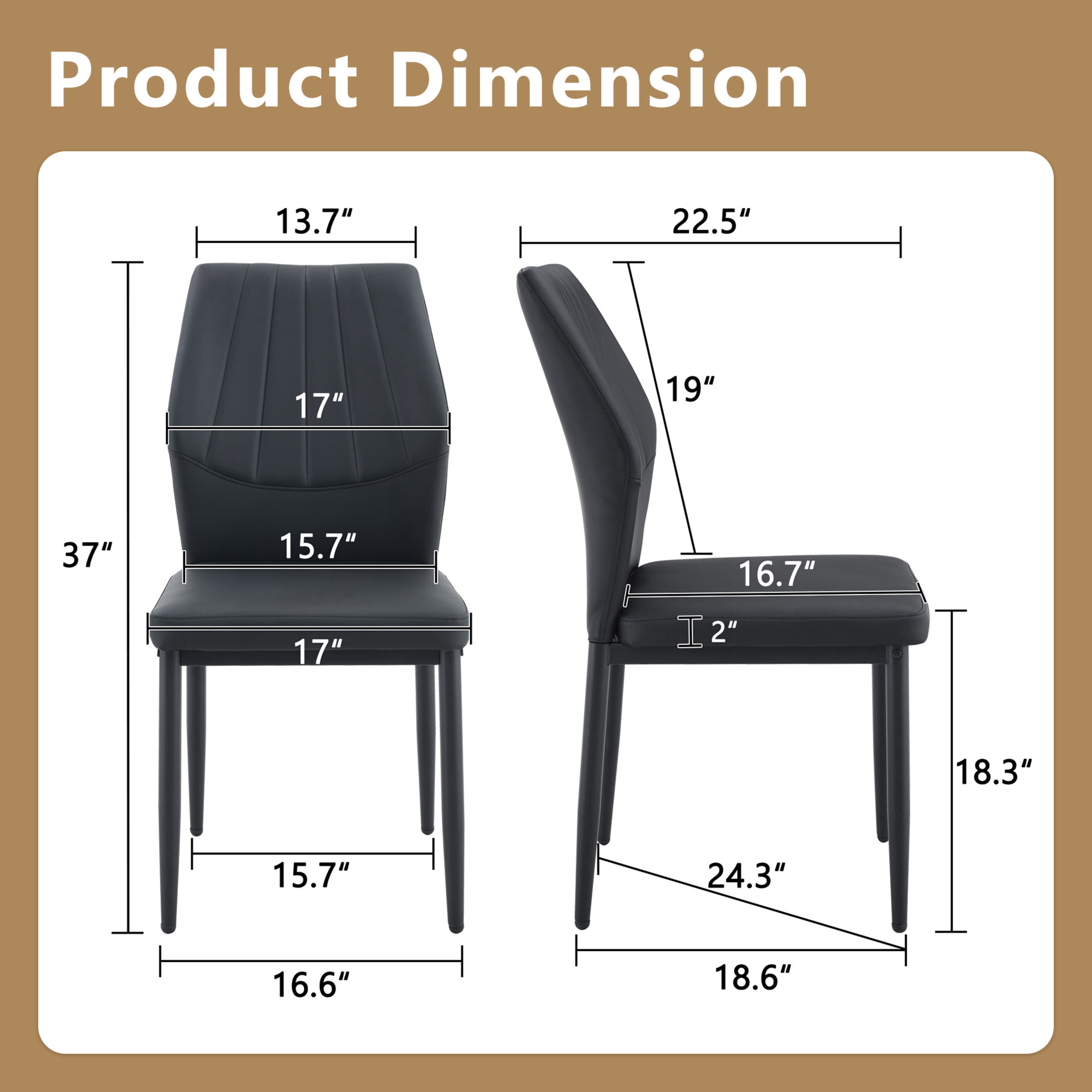 Noble House 37" Luxury Dining Chairs, PU Leather Shell Back, Ergonomic Cushion Seat, Black Metal Legs, Black, Set of 4