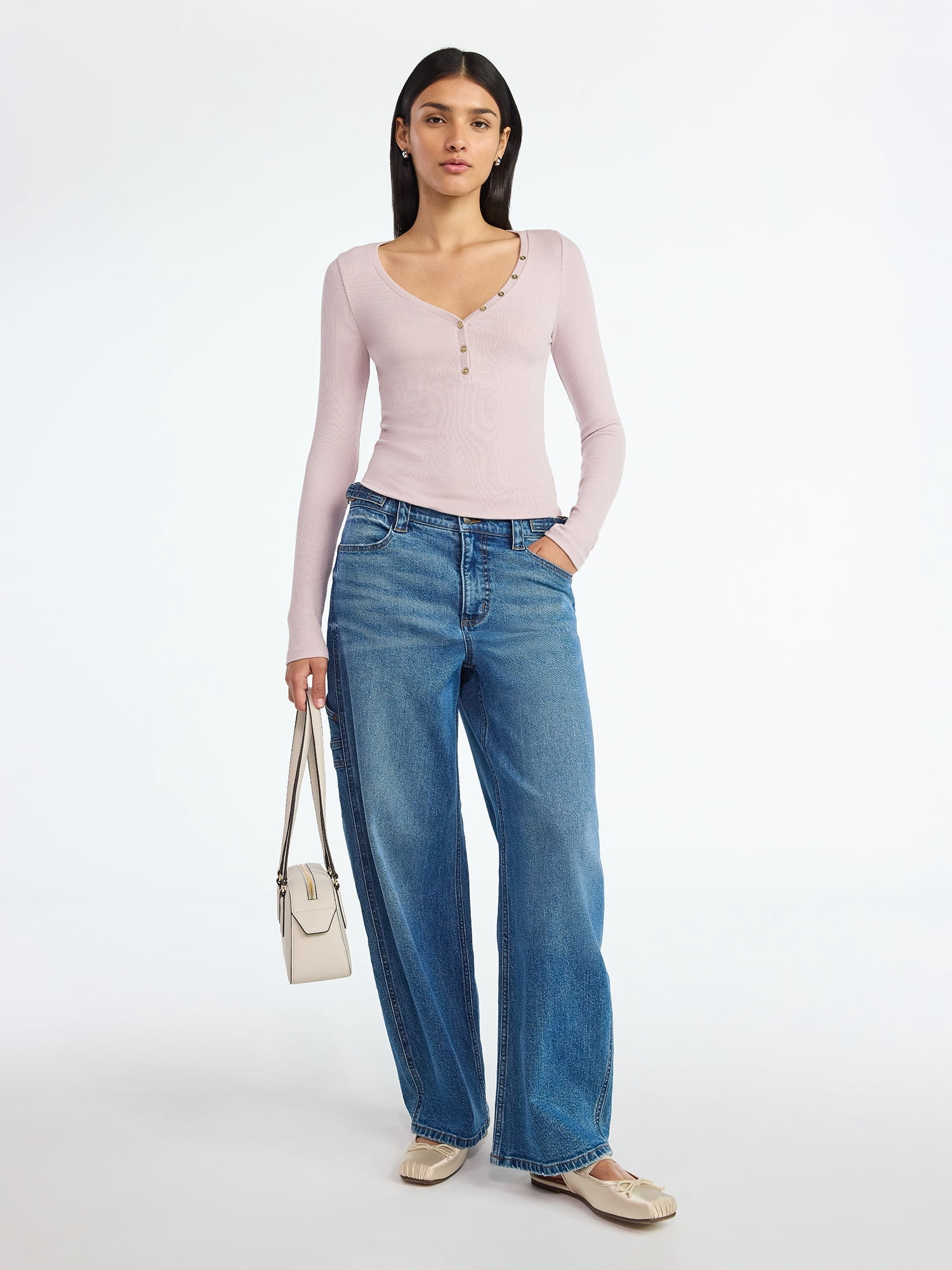 Scoop Women’s Ribbed V Neck Henley Top with Long Sleeves, Sizes XS-XXL