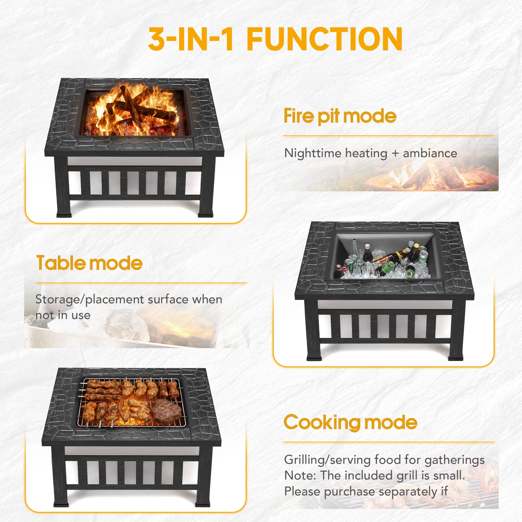 Lacoo 32" Patio Square Fire Pit Table for Patio Backyard BBQ, Ice Storage with Mesh Lid, Poker and Cover, Sliver