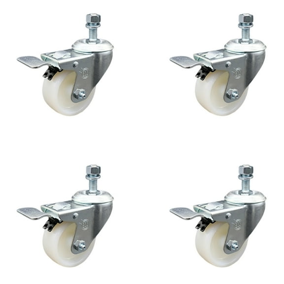 3 Inch SS Nylon Wheel Swivel 10mm Threaded Stem Caster Set Total Lock Brake